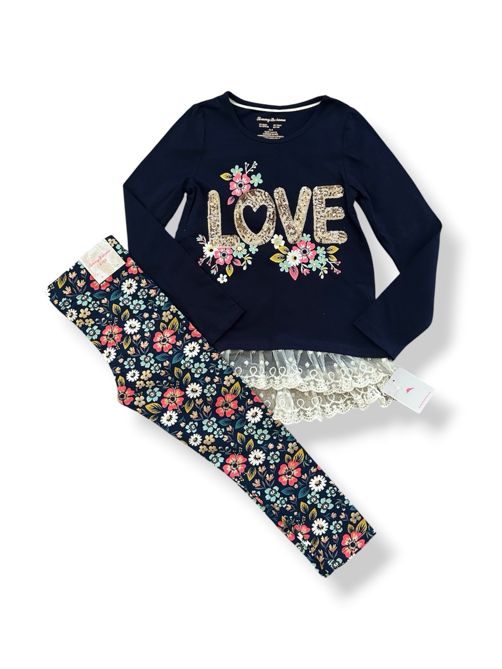 Tommy Bahama Girls Navy Floral "LOVE" Lace Hem Kids Outfit Set Size S 5/6
